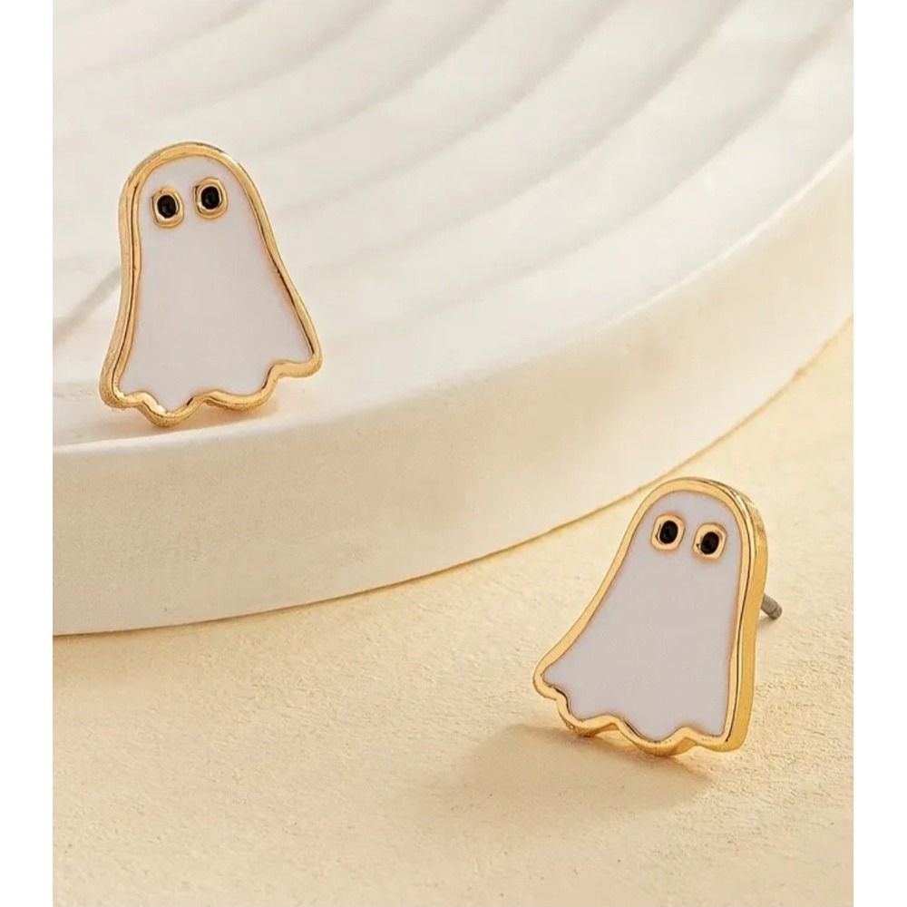 White Ghost Stud Earrings Gold Tone Enamel Halloween Spooky Jewelry Pair